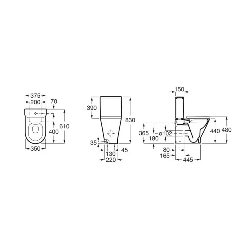 Inodoro completo adosado a la pared de altura confort con tecología Rimless The Gap Round Roca