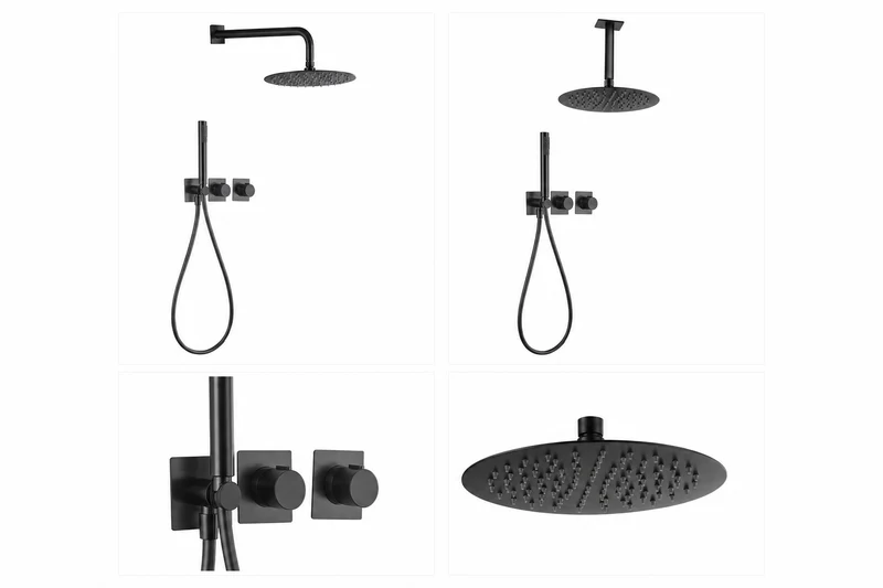Conjunto de ducha termostático empotrado con rociador a pared o a techo acabado negro metalizado tibet de Imex