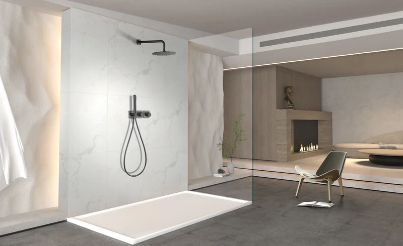 Conjunto de ducha termostático empotrado con rociador a pared o a techo acabado negro metalizado tibet de Imex