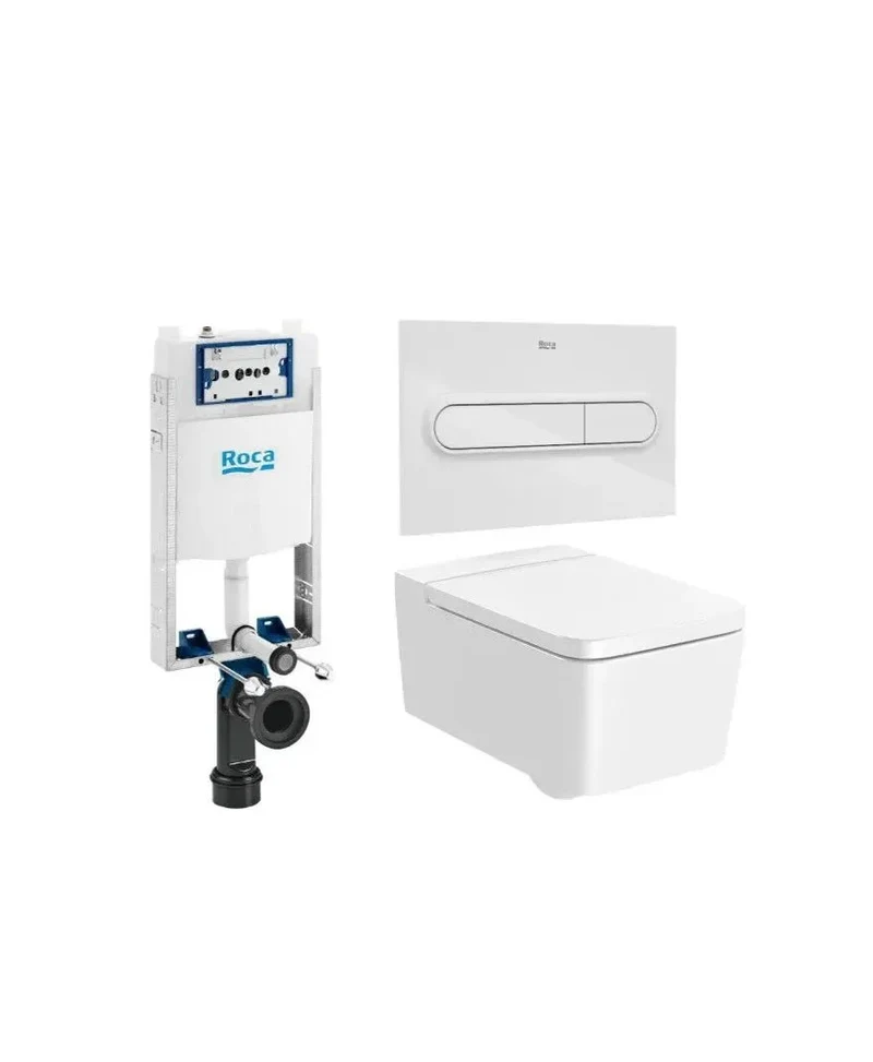 Roca Square Basic – Pack de Inodoro Suspendido con Bastidor y Placa, Salida Horizontal, Blanco