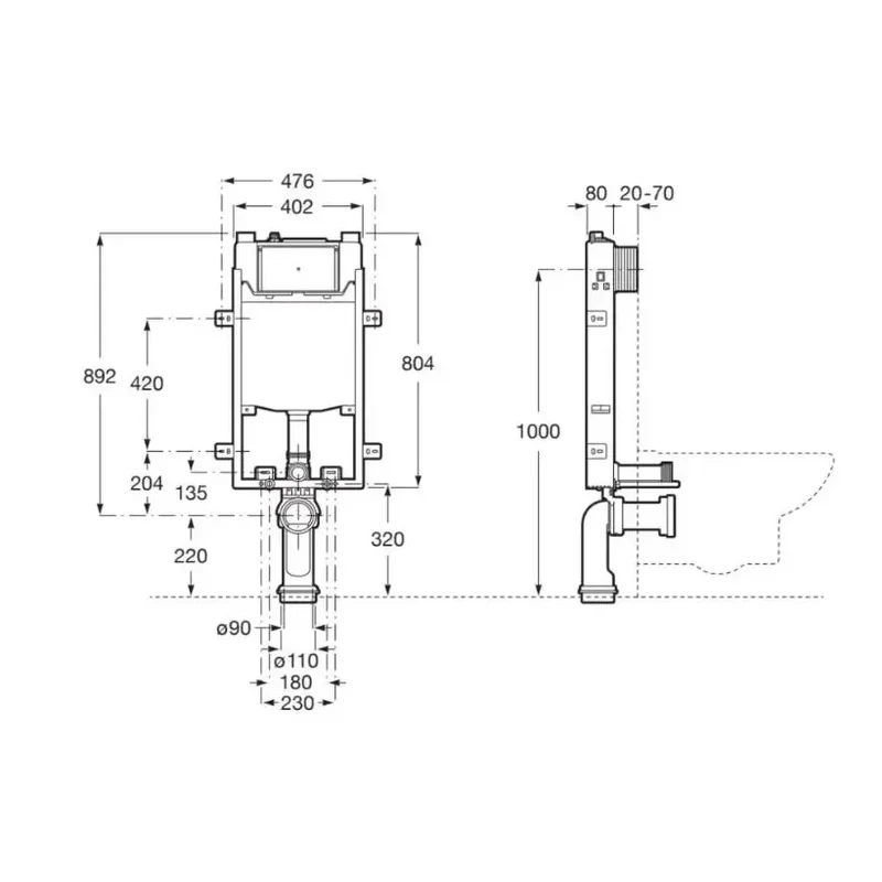 Roca Square Basic – Pack de Inodoro Suspendido con Bastidor y Placa, Salida Horizontal, Blanco