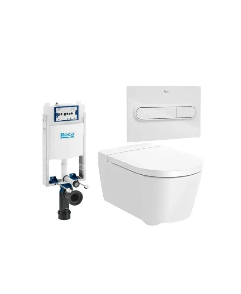 Roca Round Basic – Pack de Inodoro Suspendido con Bastidor y Placa, Salida Horizontal, Blanco