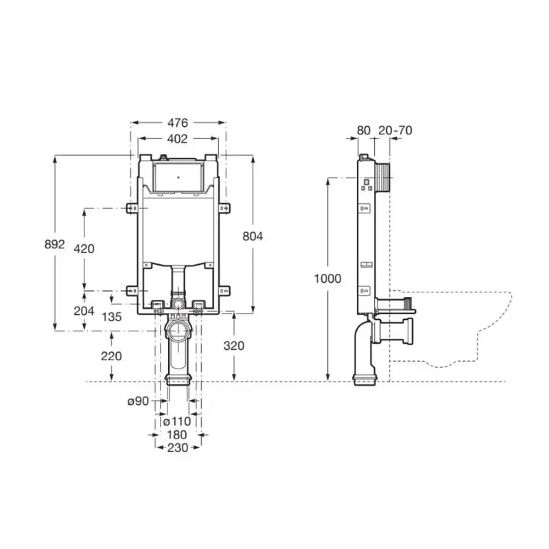 Roca Round Basic – Pack de Inodoro Suspendido con Bastidor y Placa, Salida Horizontal, Blanco