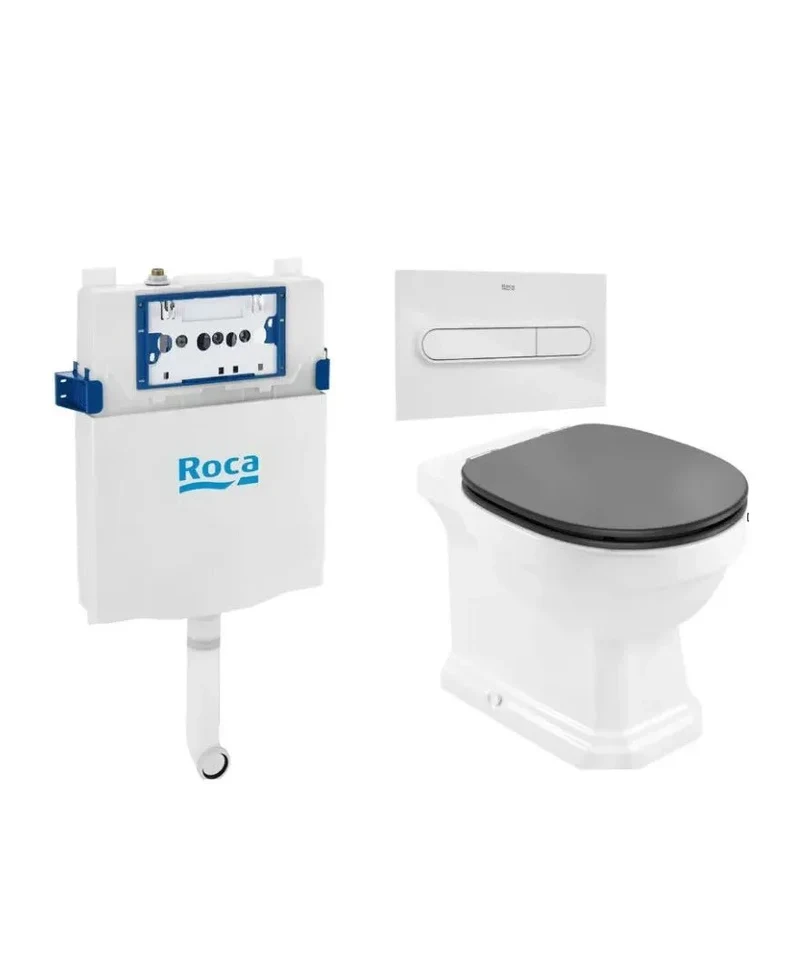 Roca Carmen Basic – Pack de Inodoro de Suelo con Bastidor y Placa, Salida Dual, Blanco