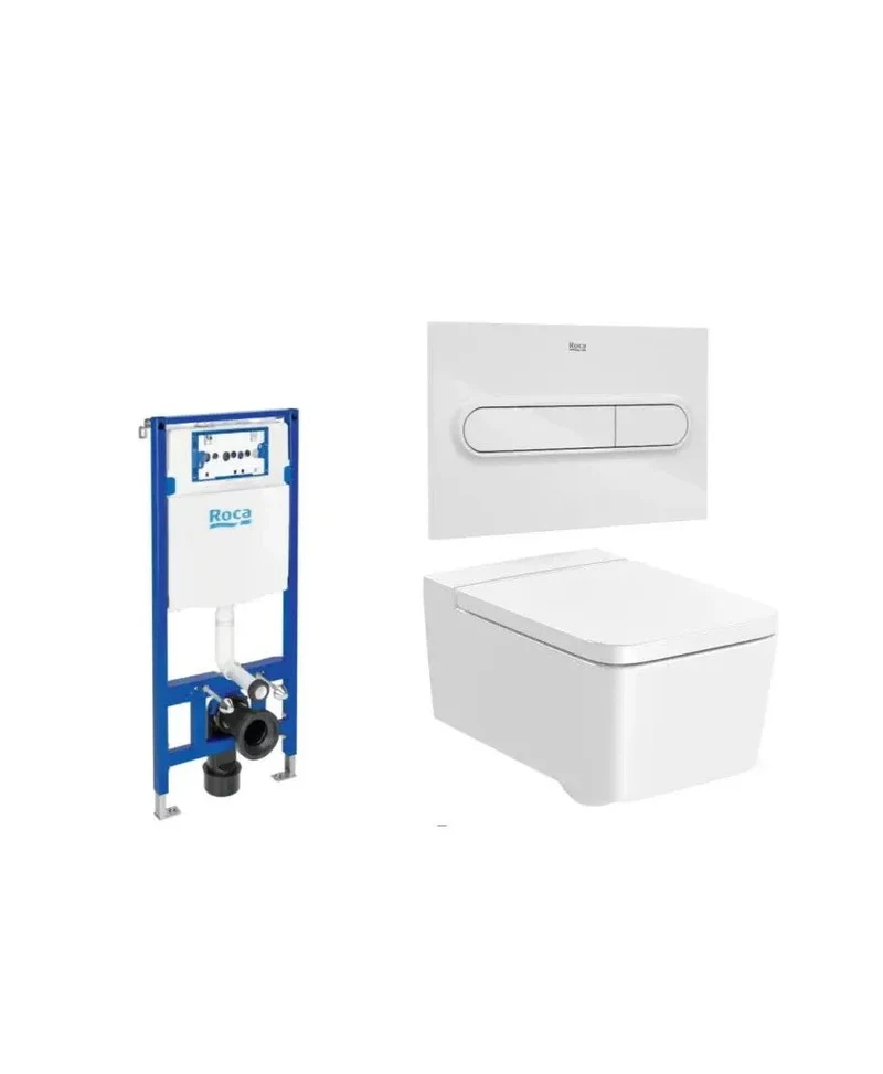 Roca Square Duplo – Pack de Inodoro Suspendido con Bastidor y Placa, Salida Horizontal, Blanco