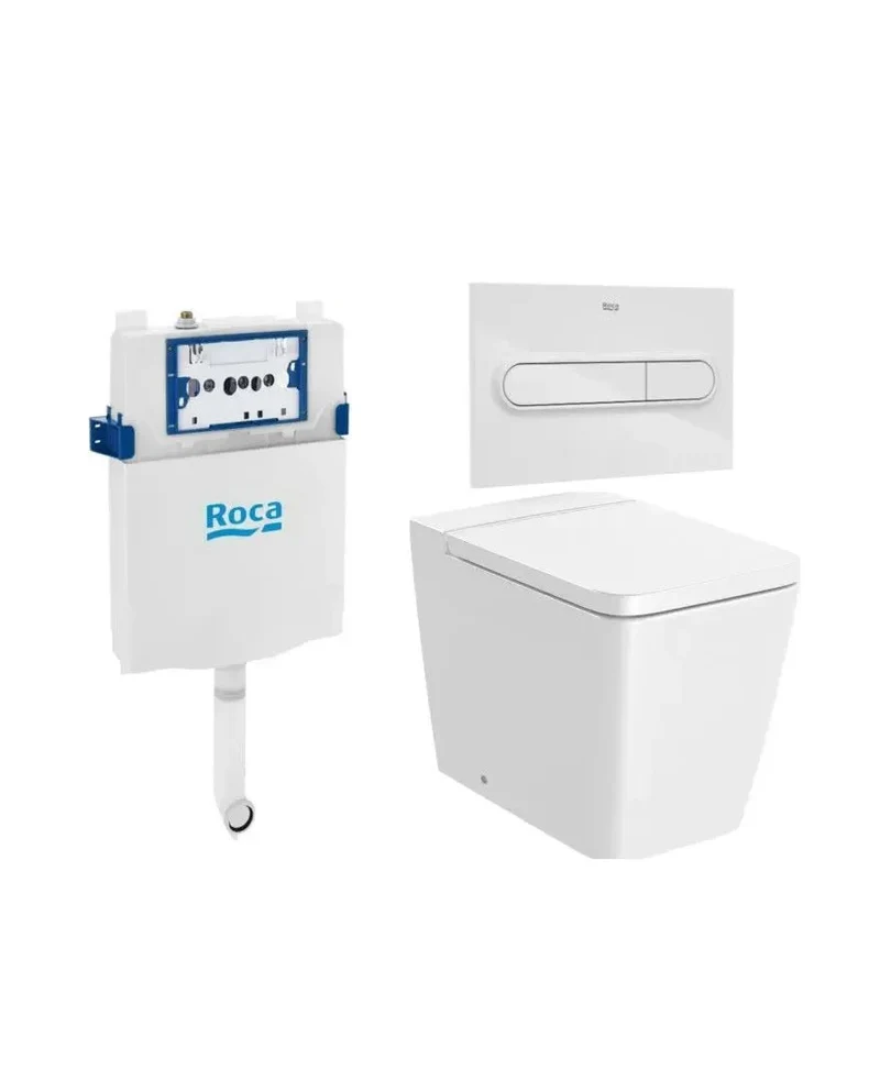 Roca Square – Pack de Inodoro de Suelo con Bastidor y Placa, Salida Dual, Blanco