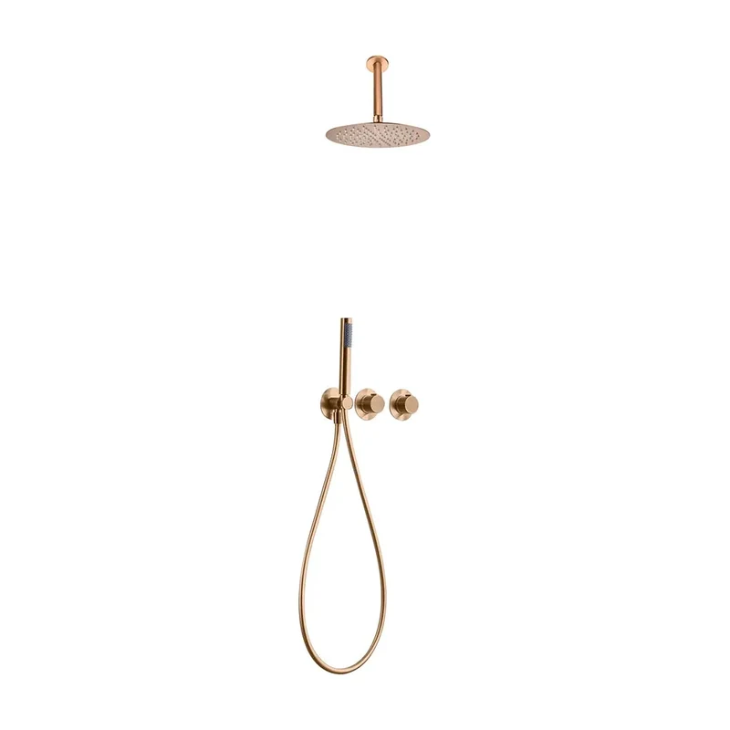 Conjunto de ducha termostático empotrado con rociador a pared o a techo acabado oro rosa cepillado assen de Imex