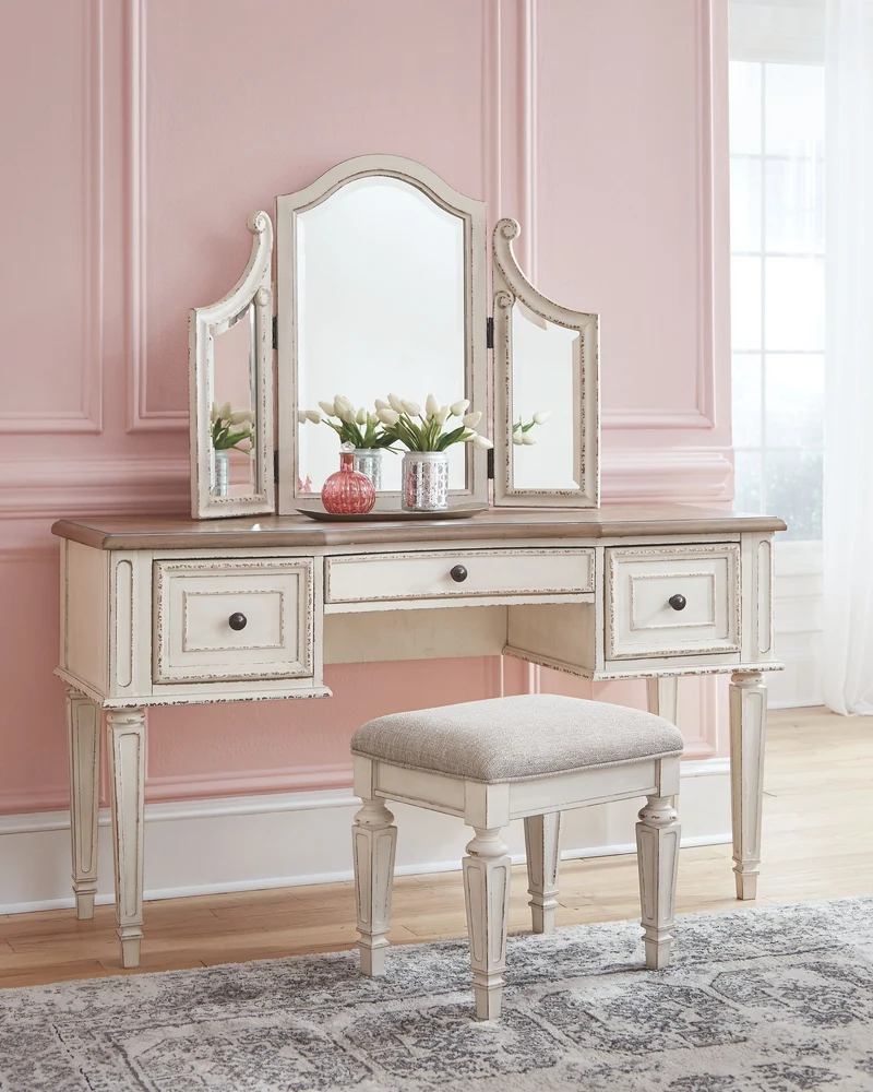 Realyn - Vanity/Mirror/Stool (Set of 3) - White / Brown / Beige