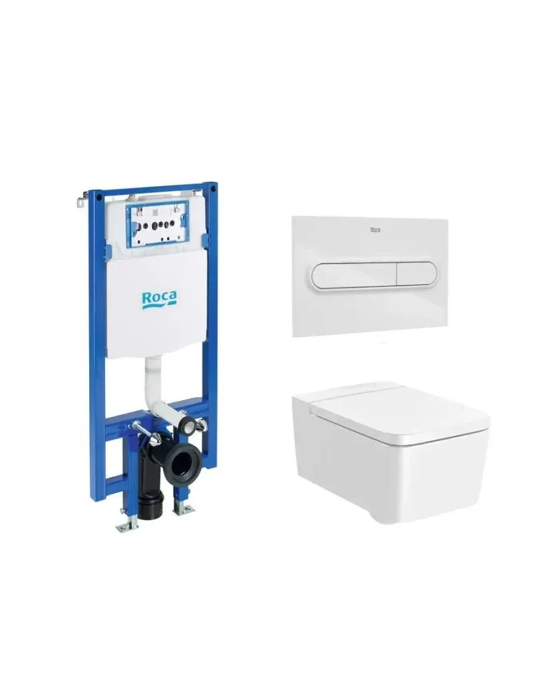 Roca Square Compact – Pack de Inodoro Suspendido con Bastidor y Placa, Salida Horizontal, Blanco