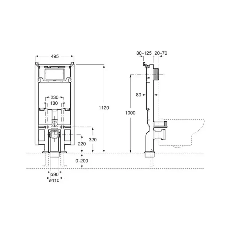 Roca Square Compact – Pack de Inodoro Suspendido con Bastidor y Placa, Salida Horizontal, Blanco