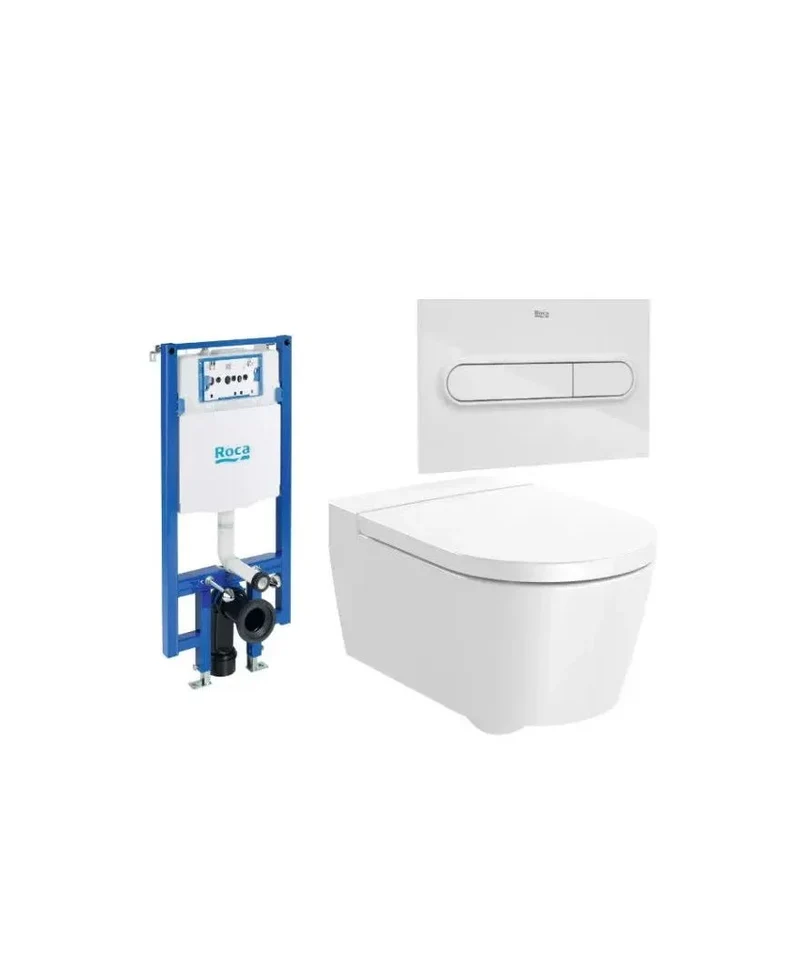 Roca Round Compact – Pack de Inodoro Suspendido con Bastidor y Placa, Salida Horizontal, Blanco