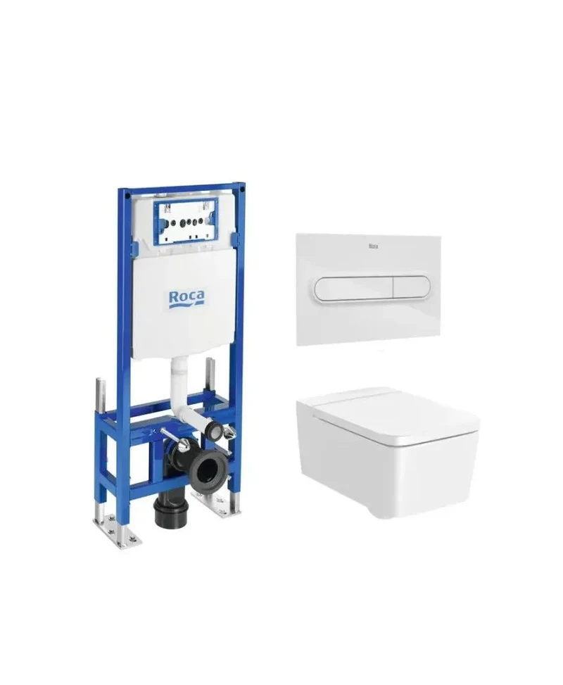 Roca Square – Pack de Inodoro Suspendido con Bastidor y Placa, Salida Horizontal, Blanco
