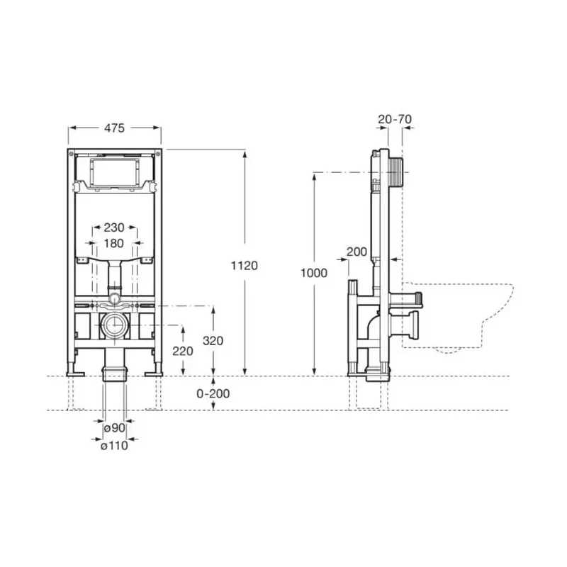Roca Square – Pack de Inodoro Suspendido con Bastidor y Placa, Salida Horizontal, Blanco