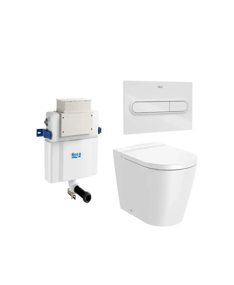 Roca Inspira Round – Pack de Inodoro de Suelo con Bastidor y Placa, Salida Dual, Blanco