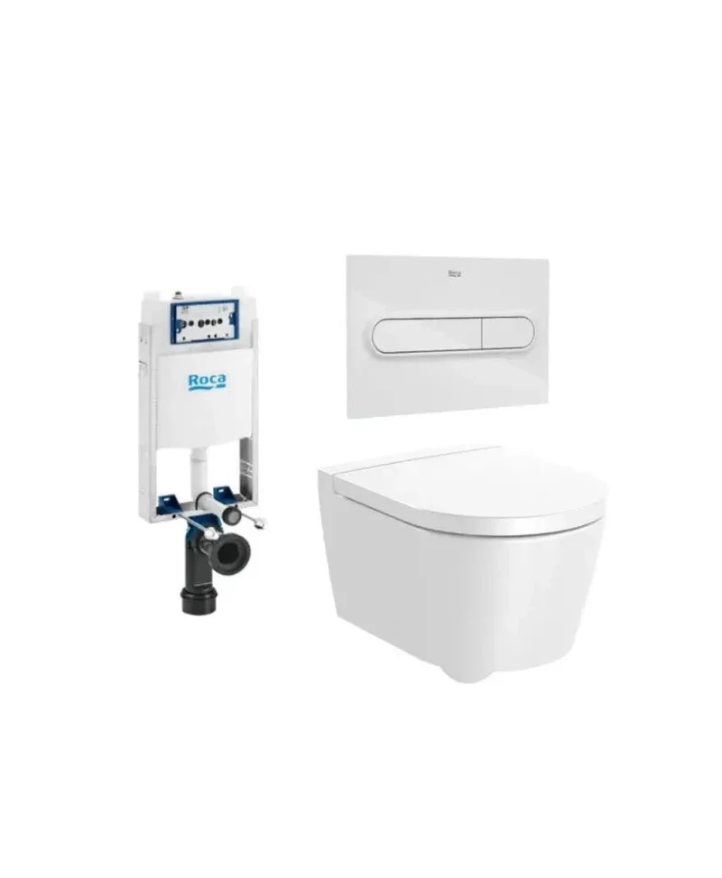 Roca Round Basic – Pack de Inodoro Suspendido con Bastidor y Placa, Salida Horizontal, Blanco