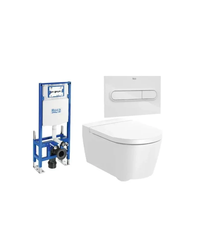 Roca Round – Pack de Inodoro Suspendido con Bastidor y Placa, Salida Horizontal, Blanco
