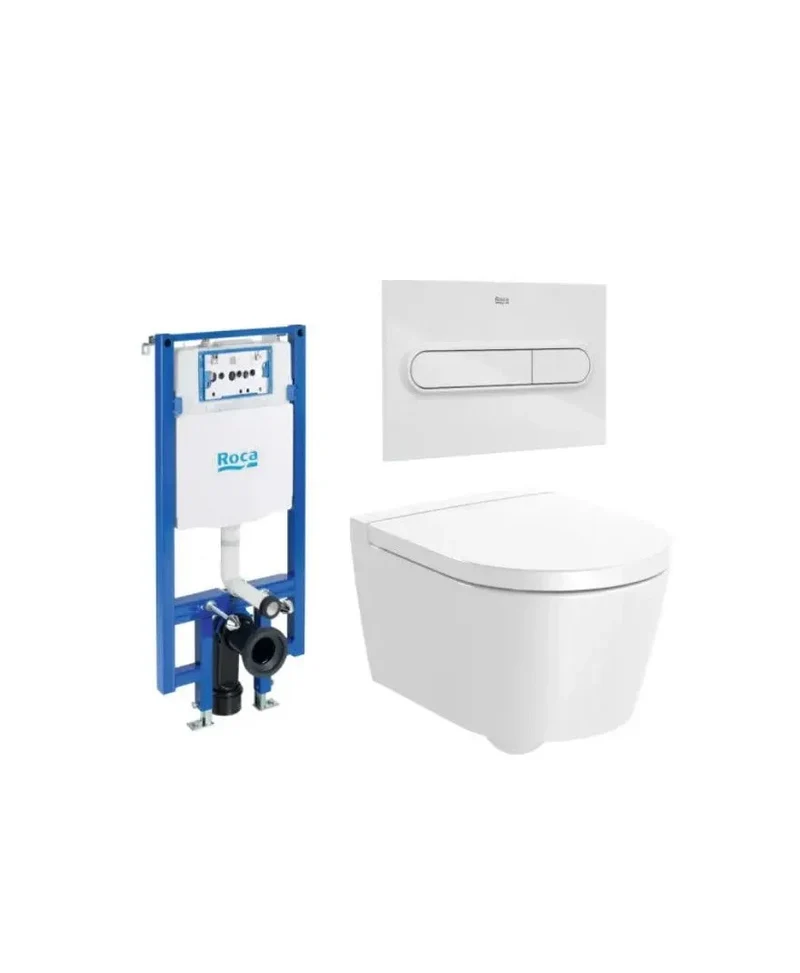 Roca Round Compact – Pack de Inodoro Suspendido con Bastidor y Placa, Salida Horizontal, Blanco