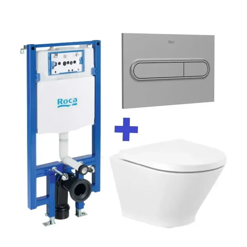 Roca The Gap Round Duplo Compact – Pack de Inodoro Suspendido con Bastidor y Placa, Salida Horizontal, Blanco