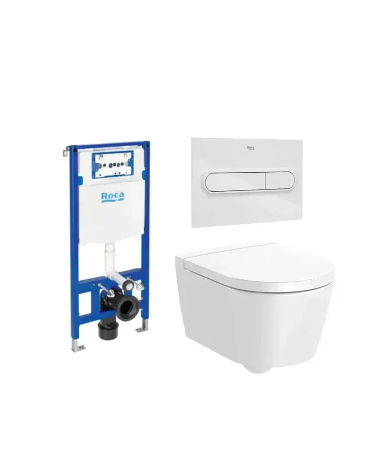 Roca Round Duplo – Pack de Inodoro Suspendido con Bastidor y Placa, Salida Horizontal, Blanco