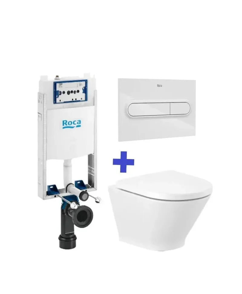 Roca The Gap Round Basic – Pack de Inodoro Suspendido con Bastidor y Placa, Salida Horizontal, Blanco