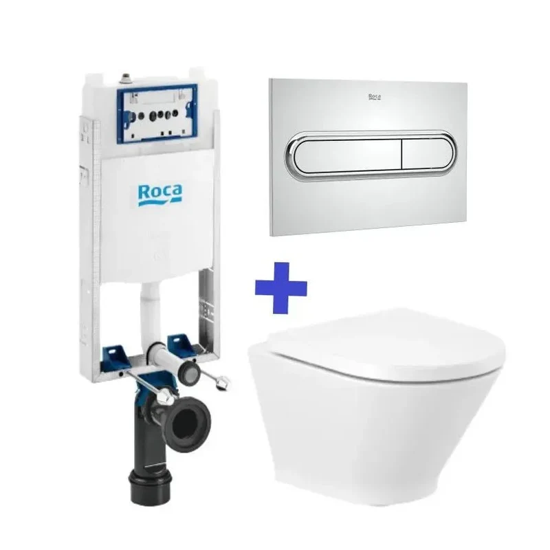 Roca The Gap Round Basic – Pack de Inodoro Suspendido con Bastidor y Placa, Salida Horizontal, Blanco