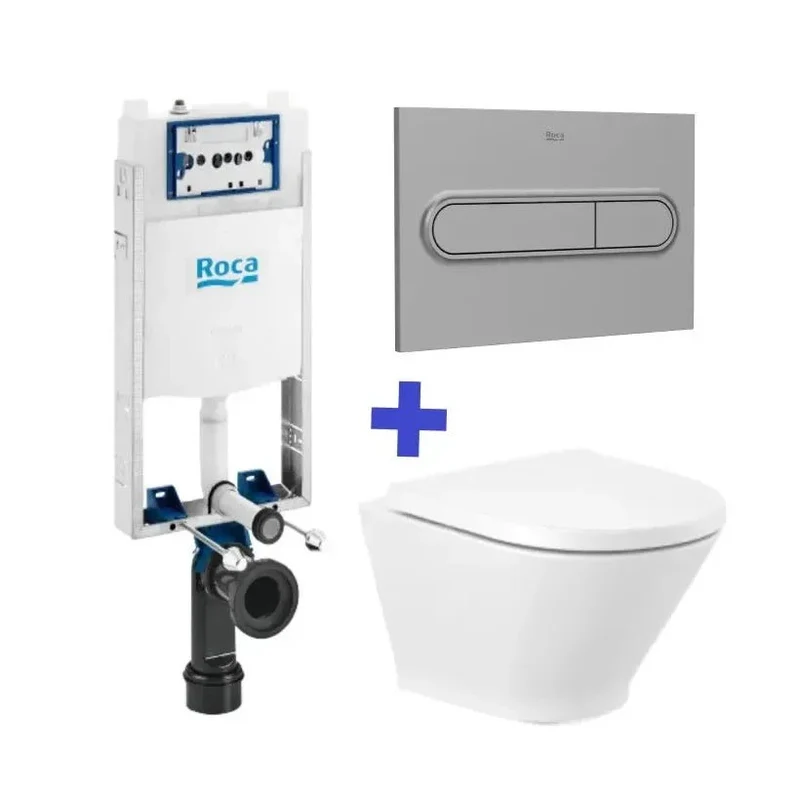 Roca The Gap Round Basic – Pack de Inodoro Suspendido con Bastidor y Placa, Salida Horizontal, Blanco