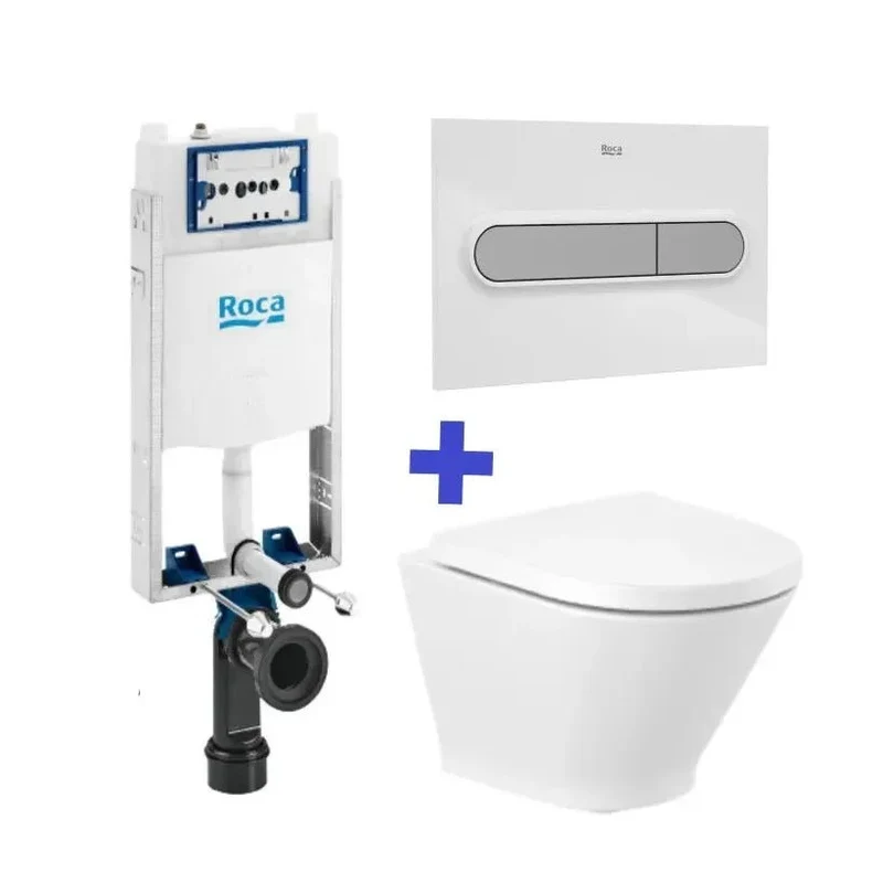 Roca The Gap Round Basic – Pack de Inodoro Suspendido con Bastidor y Placa, Salida Horizontal, Blanco