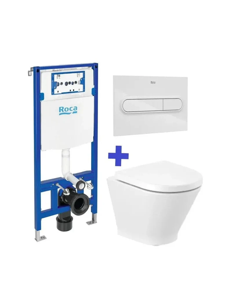 Roca The Gap Round Duplo – Pack de Inodoro Suspendido con Bastidor y Placa, Salida Horizontal, Blanco