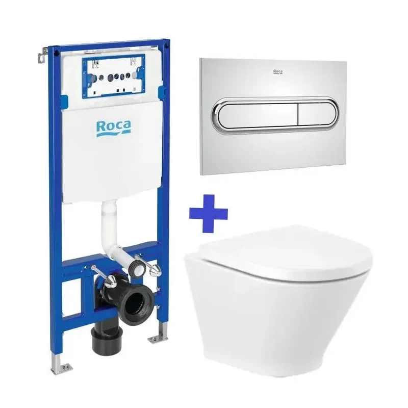Roca The Gap Round Duplo – Pack de Inodoro Suspendido con Bastidor y Placa, Salida Horizontal, Blanco