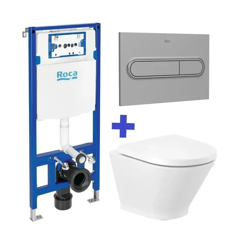 Roca The Gap Round Duplo – Pack de Inodoro Suspendido con Bastidor y Placa, Salida Horizontal, Blanco