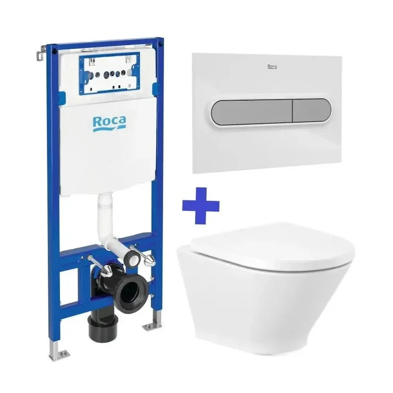 Roca The Gap Round Duplo – Pack de Inodoro Suspendido con Bastidor y Placa, Salida Horizontal, Blanco