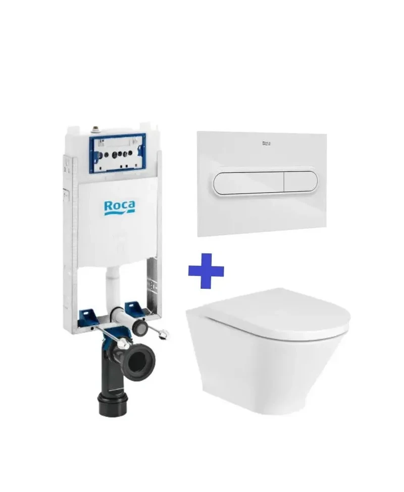 Roca The Gap Round Basic – Pack de Inodoro Suspendido con Bastidor y Placa, Salida Horizontal, Blanco