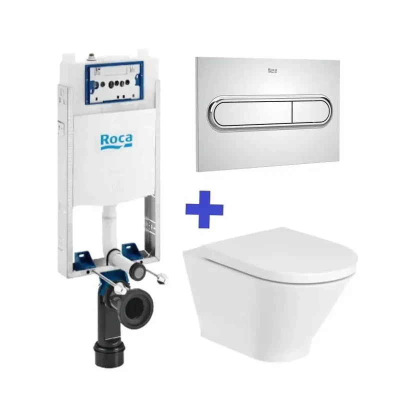 Roca The Gap Round Basic – Pack de Inodoro Suspendido con Bastidor y Placa, Salida Horizontal, Blanco