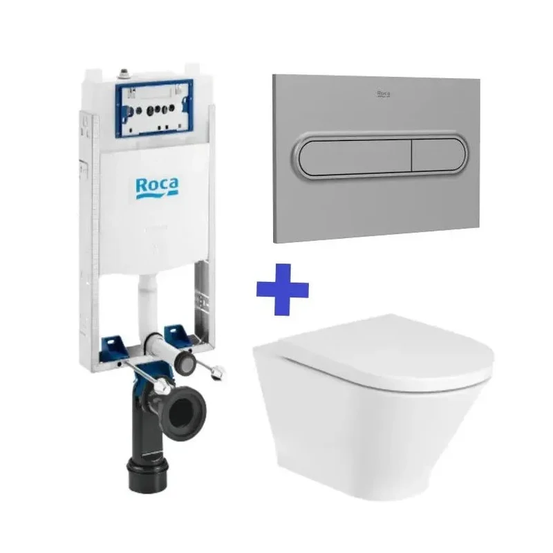 Roca The Gap Round Basic – Pack de Inodoro Suspendido con Bastidor y Placa, Salida Horizontal, Blanco