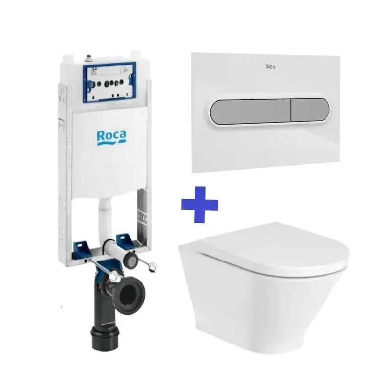 Roca The Gap Round Basic – Pack de Inodoro Suspendido con Bastidor y Placa, Salida Horizontal, Blanco