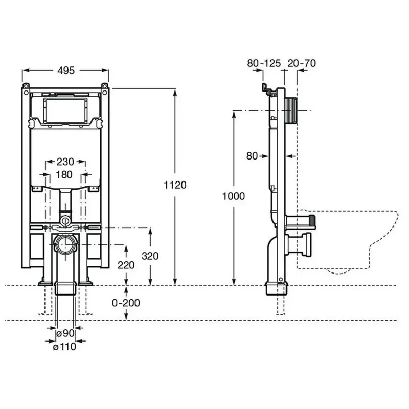 Roca The Gap Compact – Pack de Inodoro Suspendido con Bastidor y Placa, Salida Horizontal, Blanco