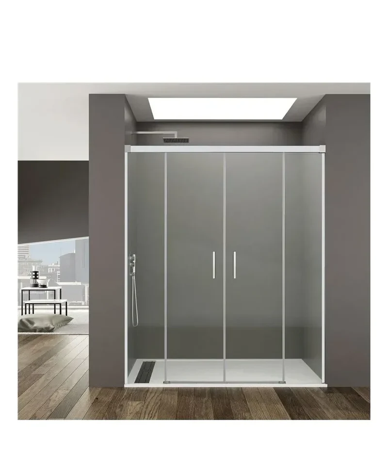 Mampara Frontal Ducha 4 Hojas 2 Correderas 2 Fijas BASIC GME Blanco Cromado A Medida 132-210 cm