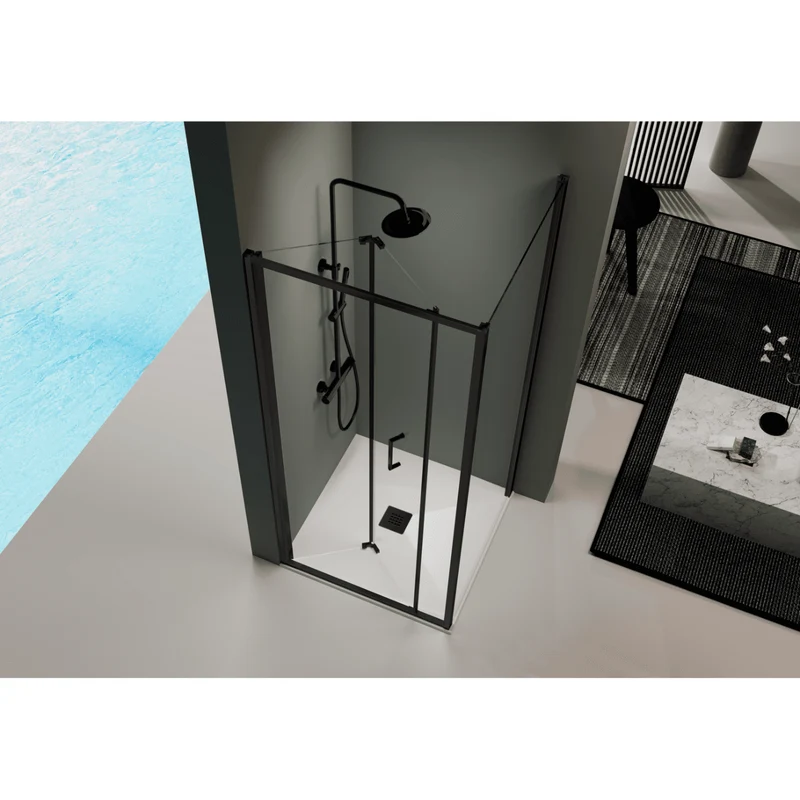 Oferta - Angular de ducha Panel fijo + Puerta plegable PRISMA Negro - 80 cm