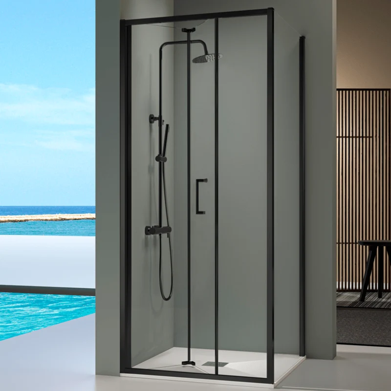 Oferta - Angular de ducha Panel fijo + Puerta plegable PRISMA Negro - 80 cm