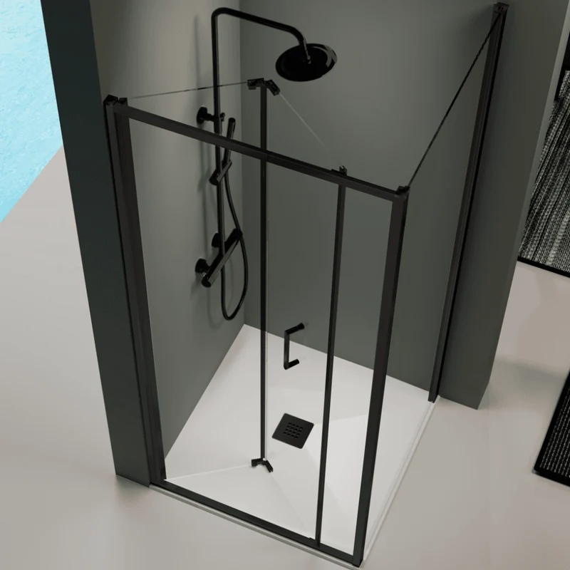Oferta - Angular de ducha Panel fijo + Puerta plegable PRISMA Negro - 80 cm