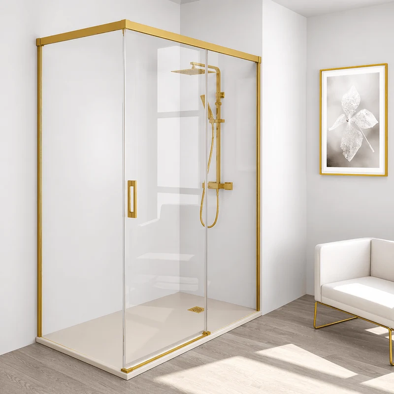 Mampara de ducha frontal + Puerta Corredera y lateral fijo MUSE perfil oro