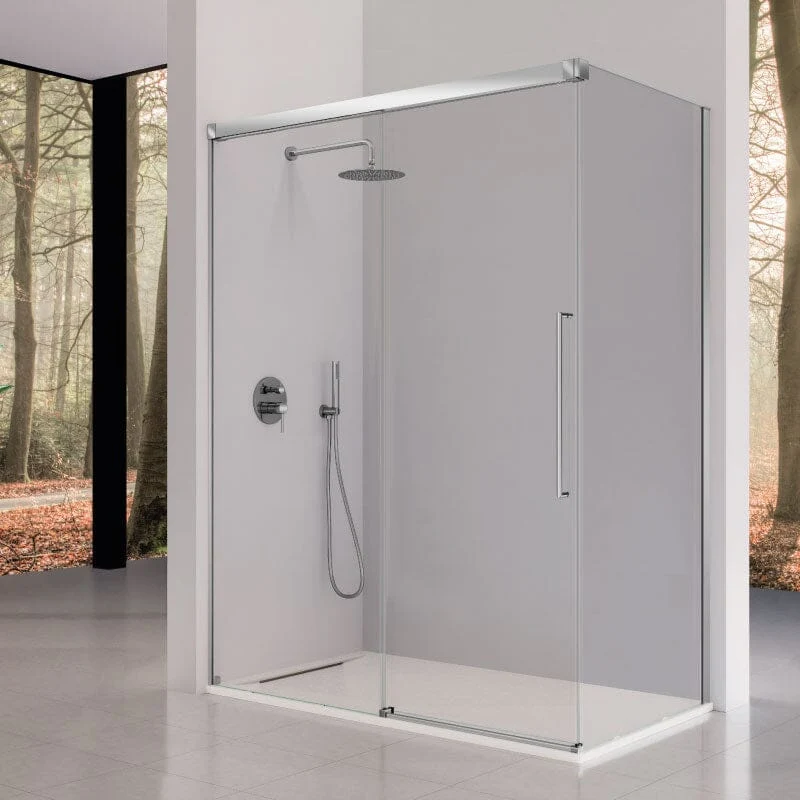Mampara de ducha frontal con Puerta Corredera + Lateral fijo PAVIA Cromado