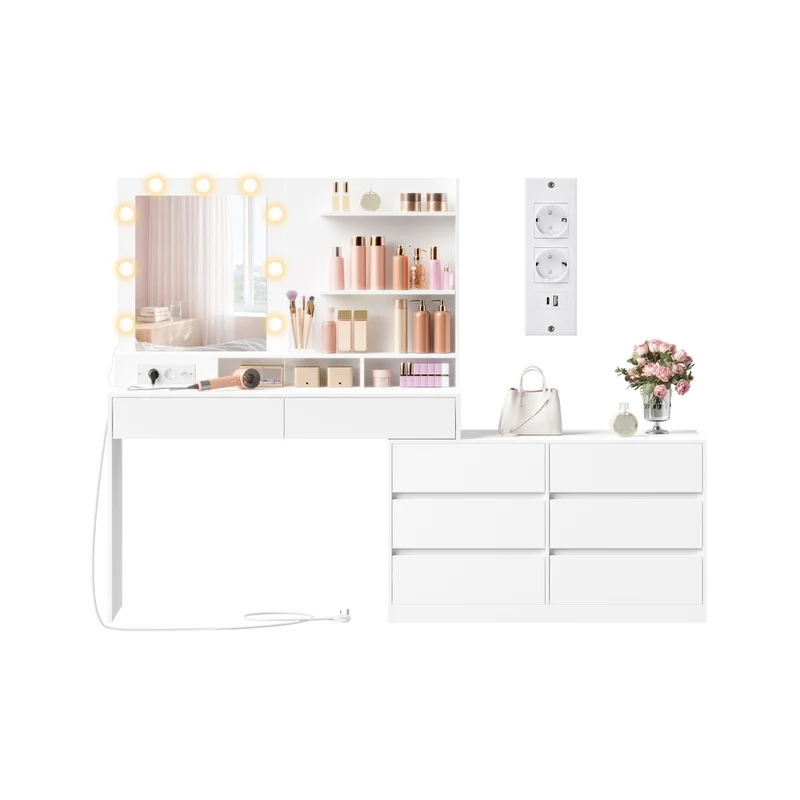 Tocador con espejo luz y almacenaje para maquillaje y accesorios