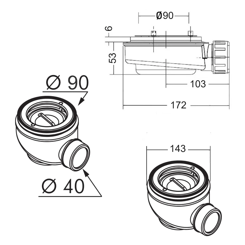 Desagüe extra-plano horizontal Sanycces Ø90 mm para plato de ducha