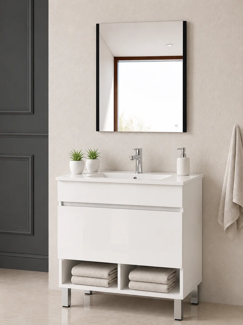 Mueble de baño con patas Nebari, cajón, estante y lavabo
