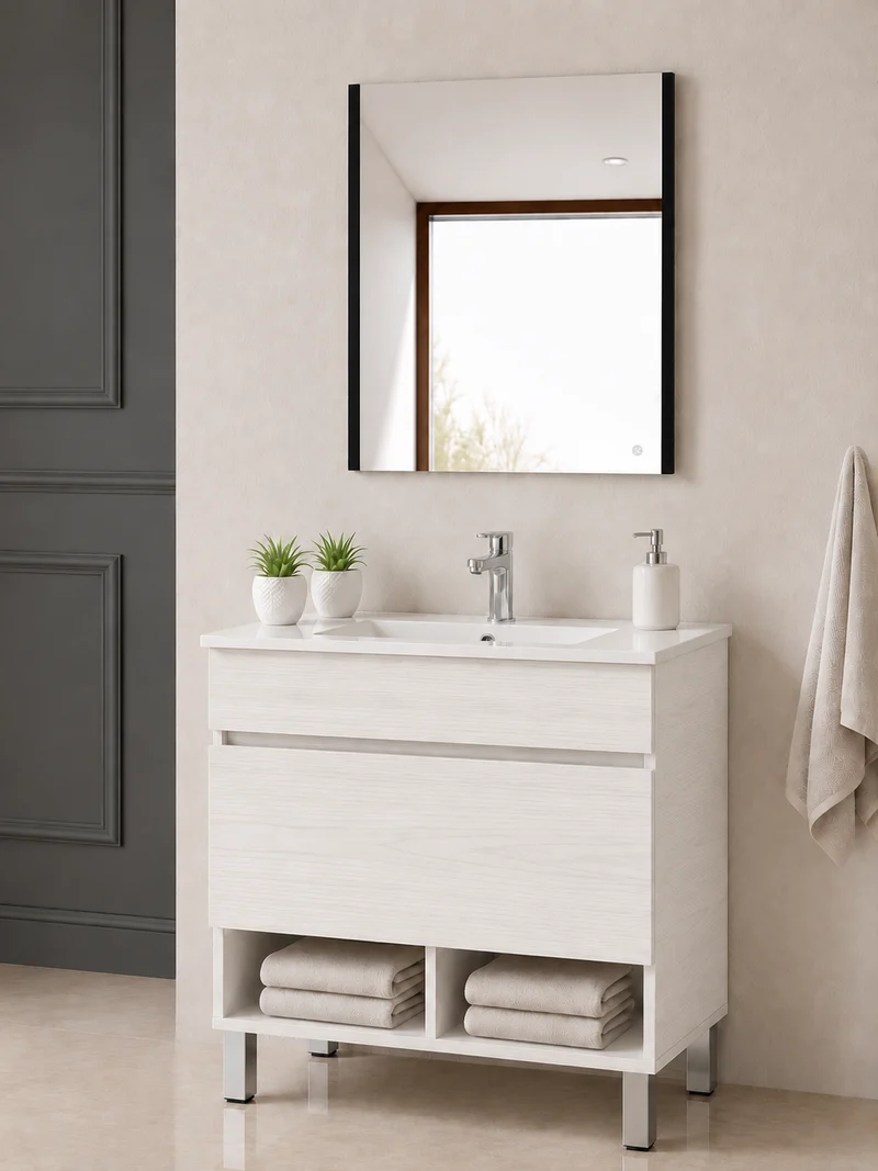 Mueble de baño con patas Nebari, cajón, estante y lavabo