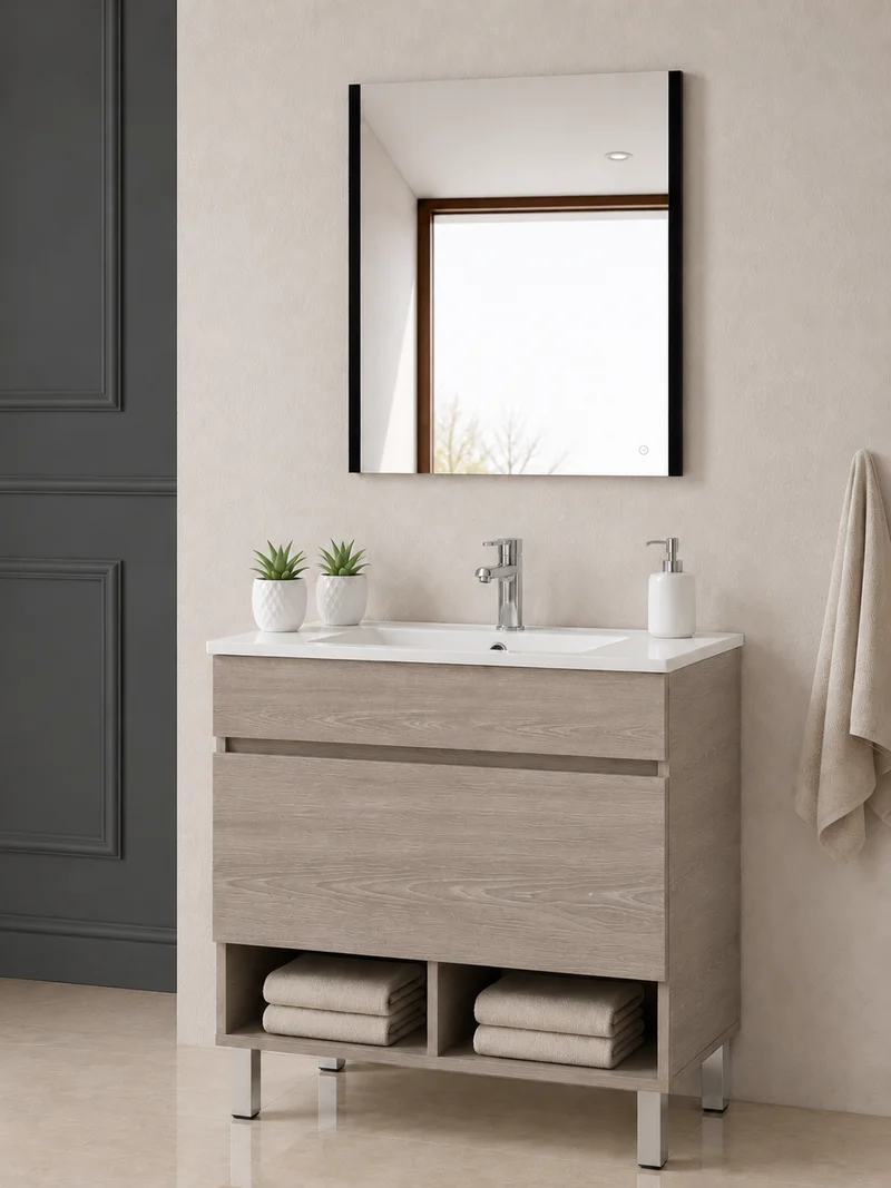 Mueble de baño con patas Nebari, cajón, estante y lavabo