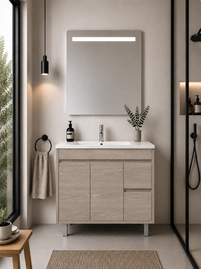 Mueble de baño con patas Isquia, lavabo, puertas y cajones