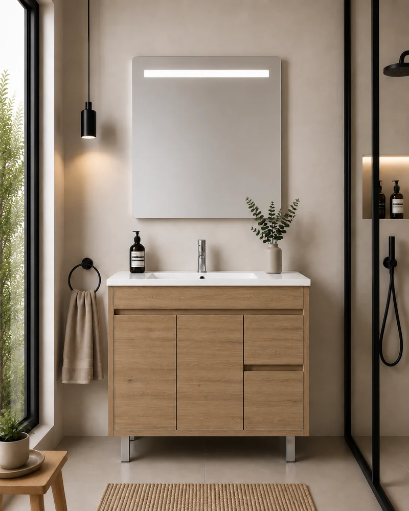 Mueble de baño con patas Isquia, lavabo, puertas y cajones