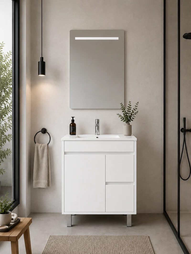 Mueble de baño con patas Isquia, lavabo, puertas y cajones